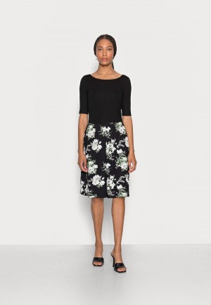 Anna Field Top 10 Båt Neck Print With Solid Skirt Jersey Klänning Dam Svarta | SE-AGYEKQ531