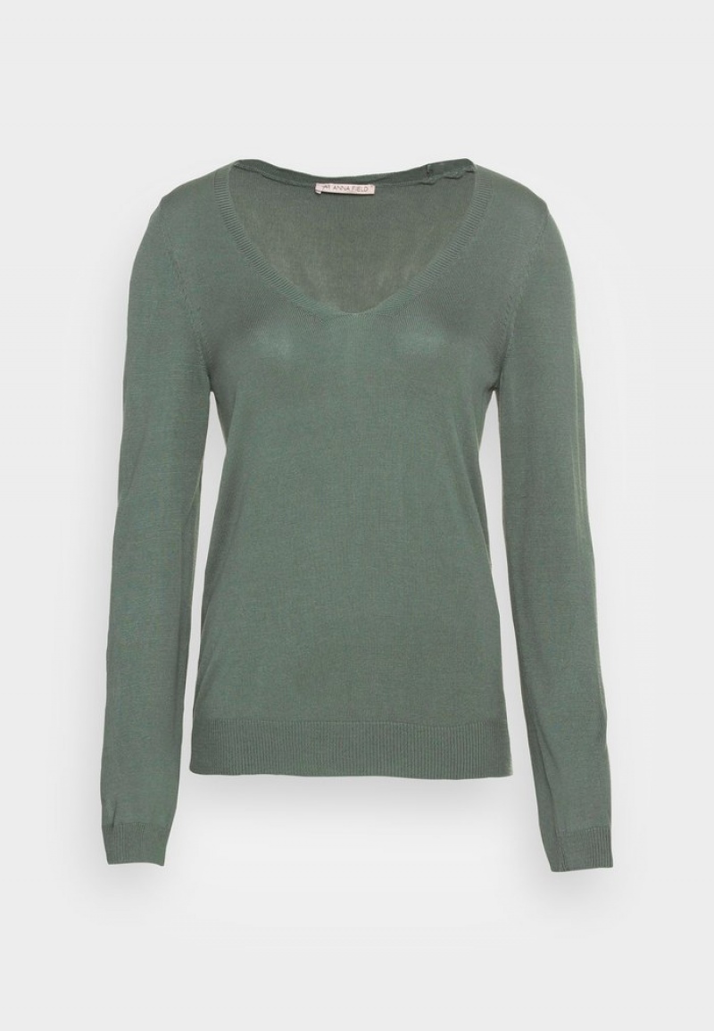 Anna Field Best Pirce Open V Neck Jumper Pullover Dam Gröna | SE-SHBAFL812