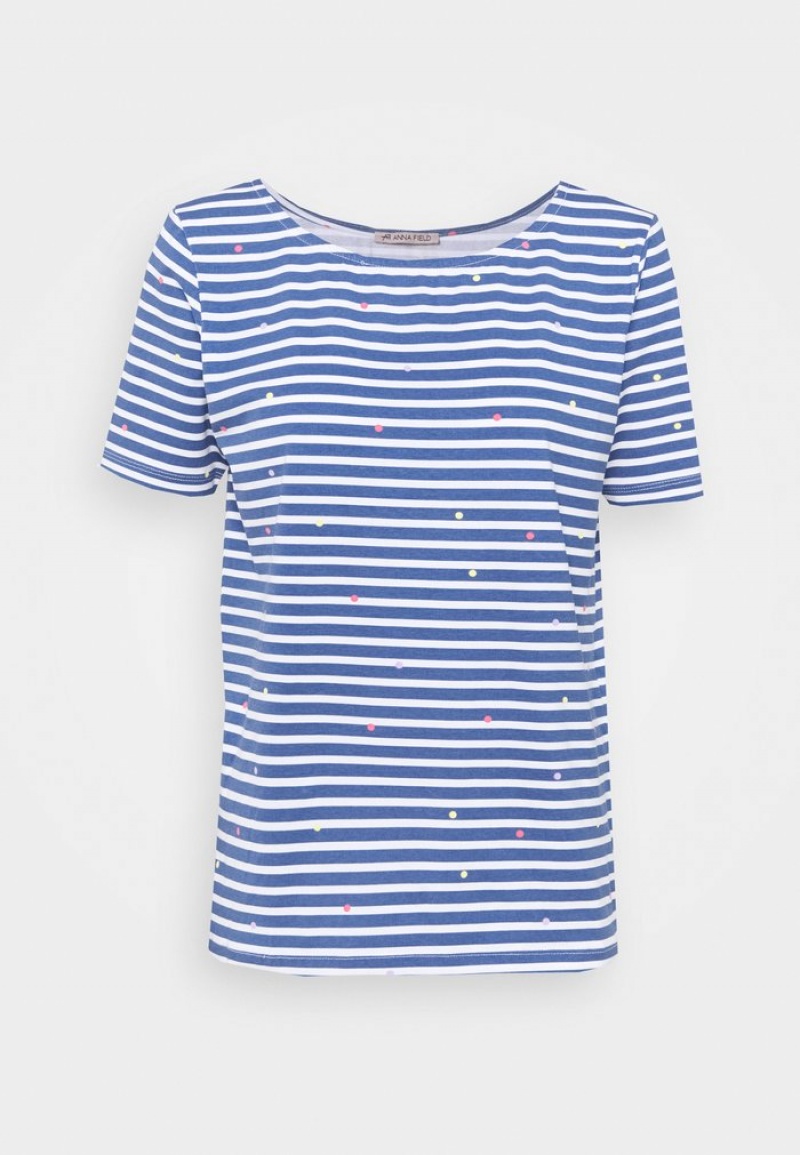 Anna Field Coupon Print T-Shirt Dam Blå | SE-ZNFRWP437