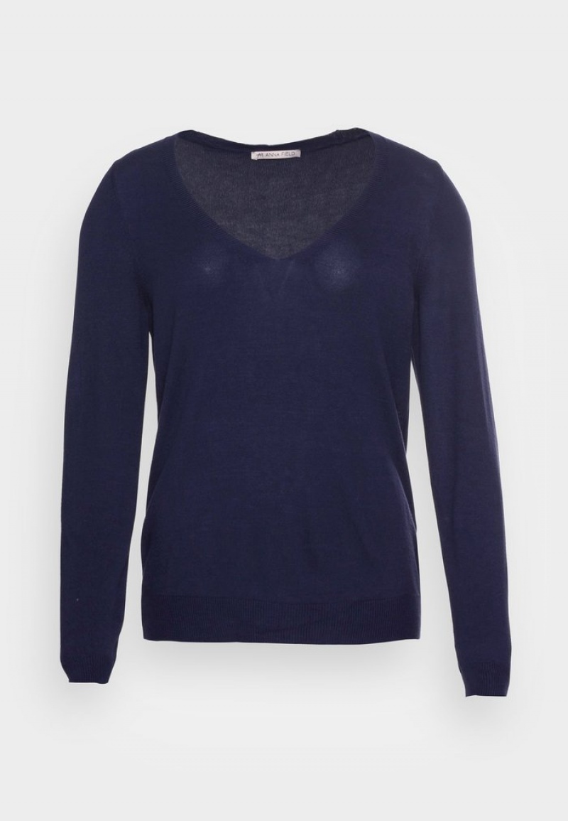 Anna Field Discount Open V Neck Jumper Pullover Dam Mörkblå | SE-GRJYSK453