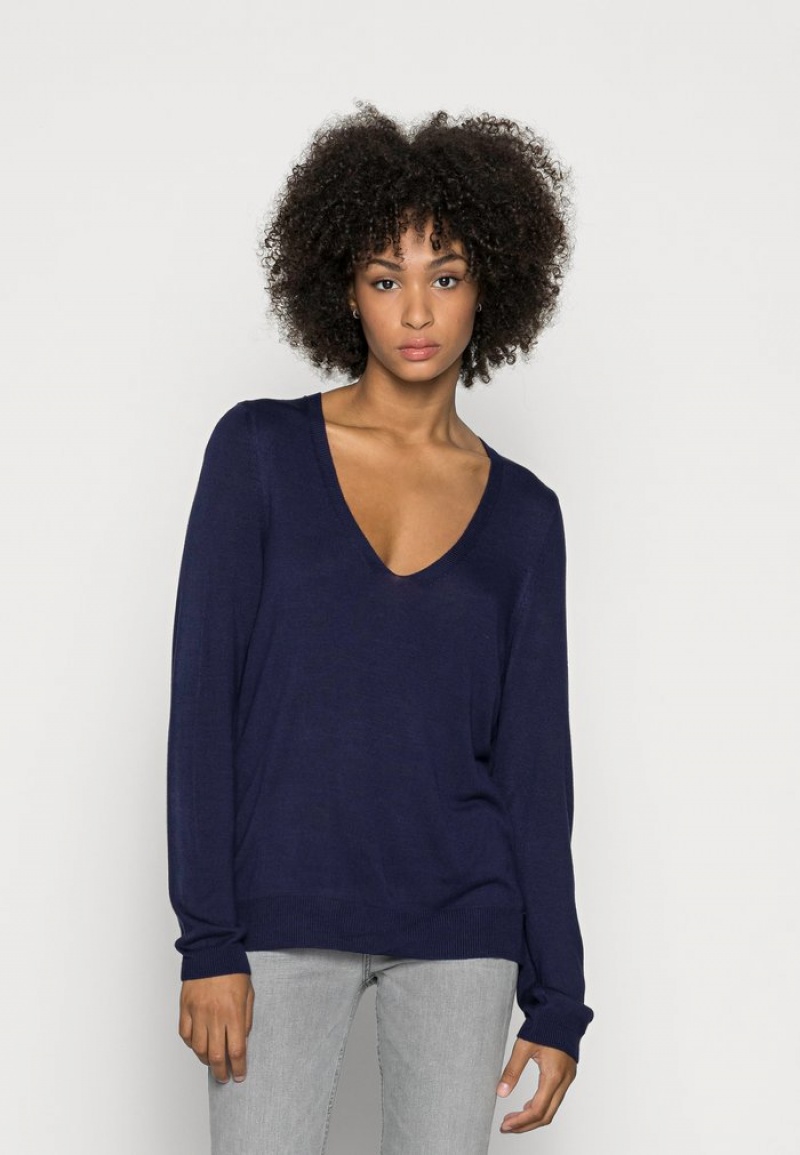 Anna Field Discount Open V Neck Jumper Pullover Dam Mörkblå | SE-GRJYSK453