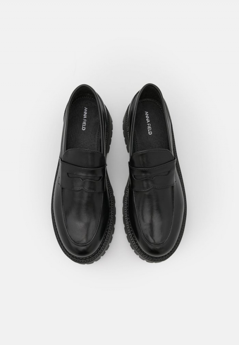 Anna Field Hot Sale Leather Slip-Ons Låga Skor Dam Svarta | SE-TQNHIG154